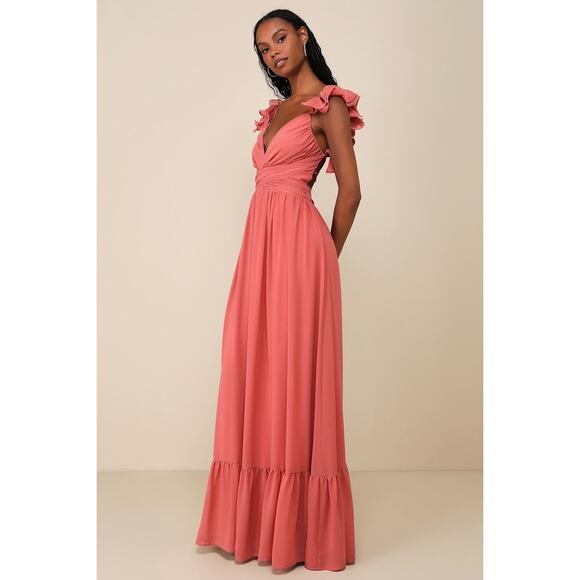 NWT Lulus Soiree Celebration Rusty Rose Ruffled Lace-Up Maxi Dress Bridesmaid S - Picture 7 of 9